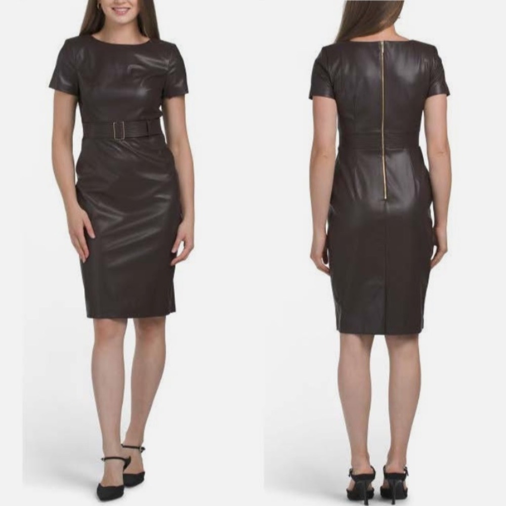 Calvin Klein Dark Brown Faux Leather Midi Dress NWT Sz 4